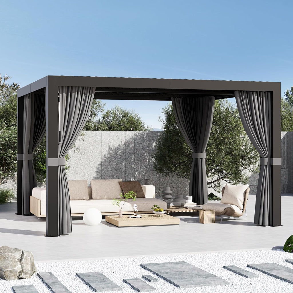Modern Shade Aurora Louvered Pergola 10'x12' with USB Charging Port Deck, Outdoor Pergola with Integrated Drainage, Netting and Curtains for Patio Deck Garden, Easy Assembly, Black