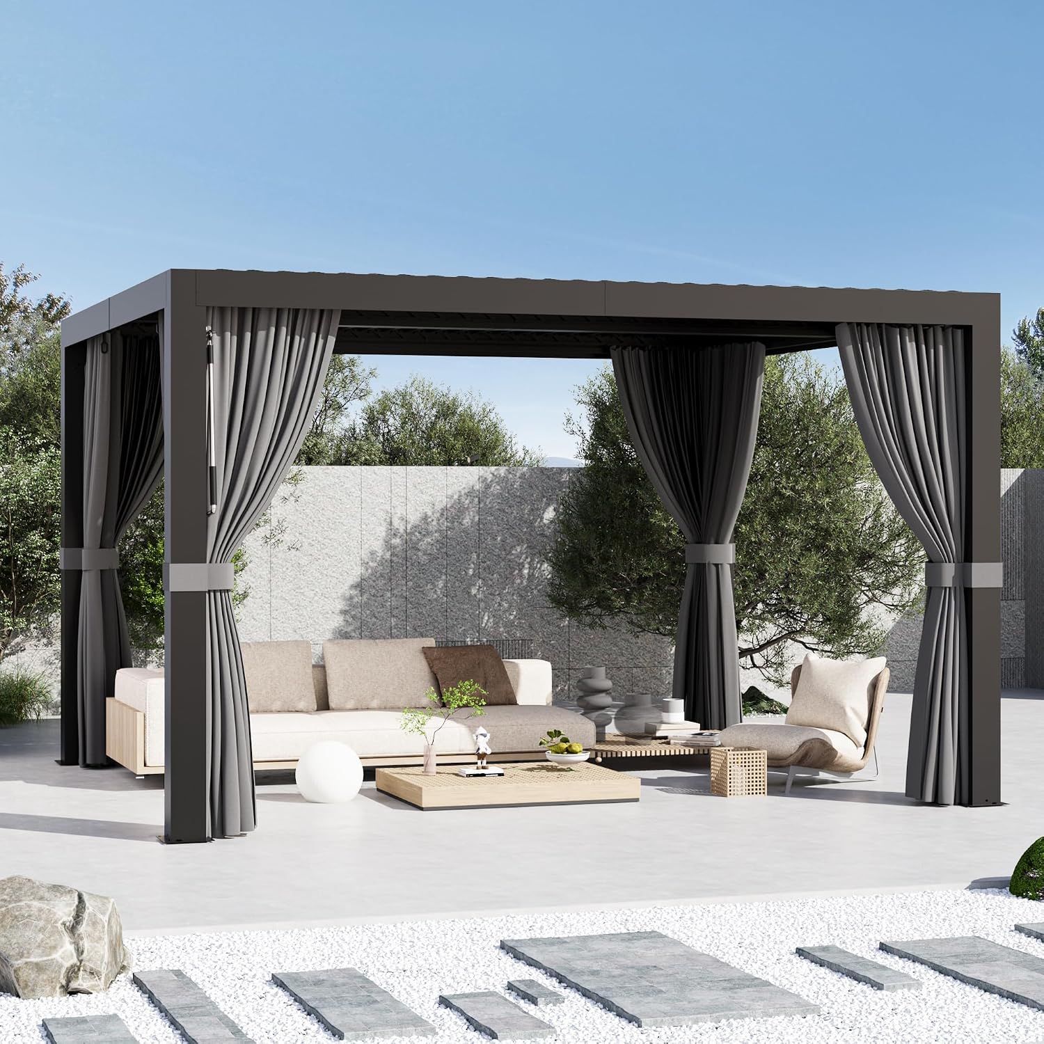 Modern Shade Aurora Louvered Pergola 10'x12' with USB Charging Port Deck, Outdoor Pergola with Integrated Drainage, Netting and Curtains for Patio Deck Garden, Easy Assembly, Black