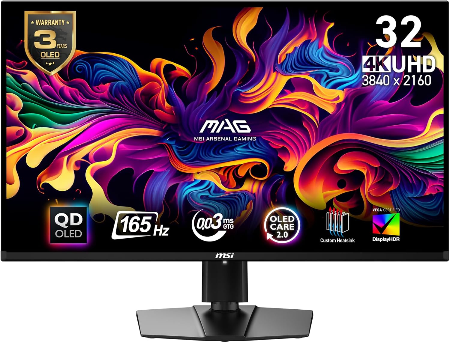 msi MAG 321UP QD-OLED 32-inch QD-OLED 3840 x 2160 (UHD) Computer Monitor, 165Hz, AMD FreeSync Premium Pro, HDMI 2.1, Display Port 1.4a, VESA Mountable, Tilt, Height Adjustable,0.03ms, Black