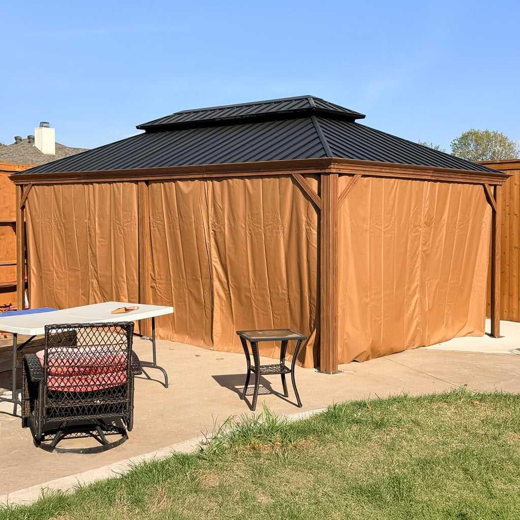PURPLE LEAF 12' X 20' Outdoor Hardtop Gazebo for Patio Galvanized Steel Double Roof Permanent Canopy Teak Finish Coated Aluminum Frame Pavilion Gazebo with Netting and Khaki Curtains