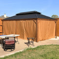 PURPLE LEAF 12' X 20' Outdoor Hardtop Gazebo for Patio Galvanized Steel Double Roof Permanent Canopy Teak Finish Coated Aluminum Frame Pavilion Gazebo with Netting and Khaki Curtains