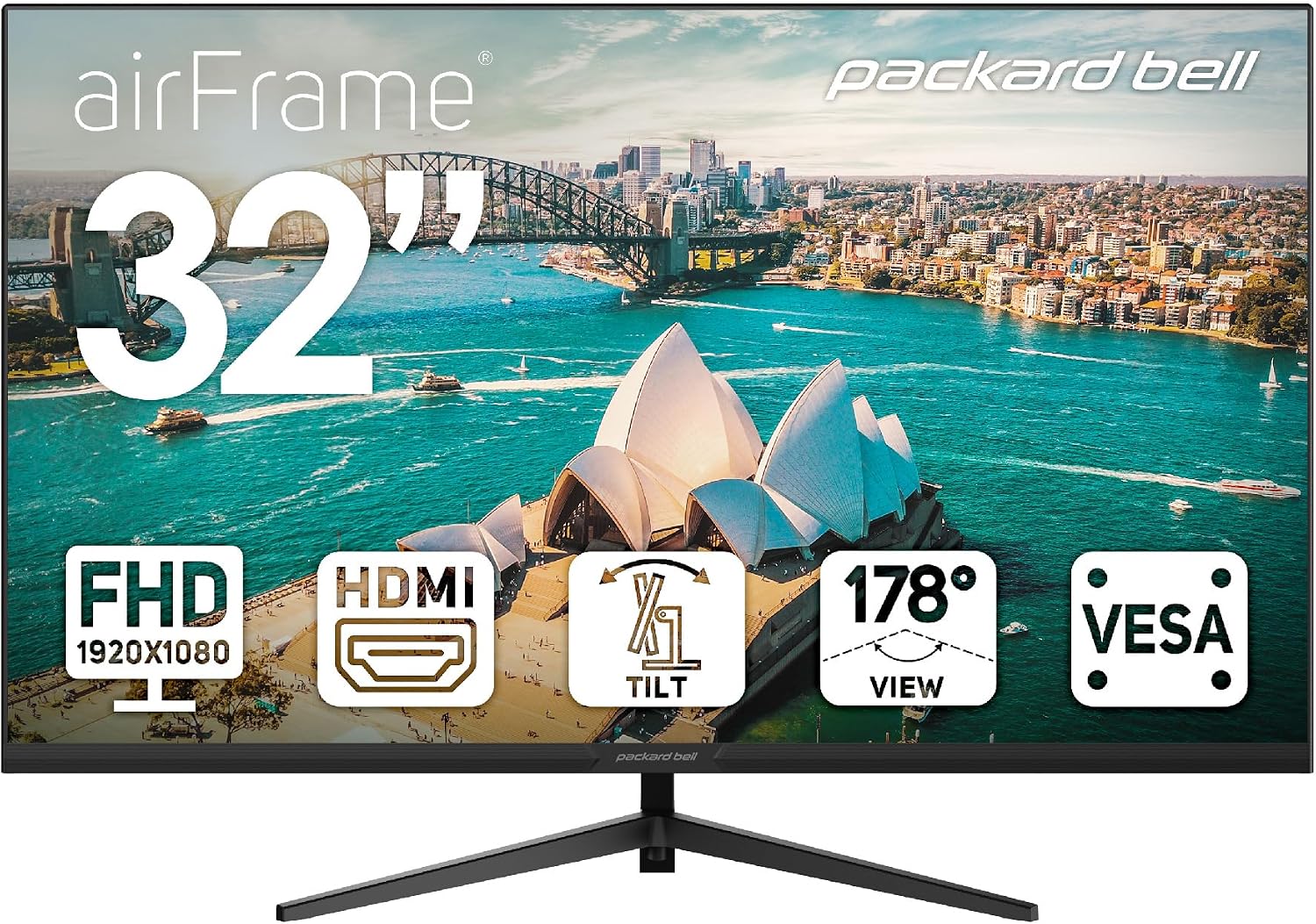 Packard Bell airFrame 32' FHD Monitor, 1920x1080, Ultrawide, VESA Mount Compatible, Tilt Adjustment, HDMI/VGA, Slim Bezel, for Home, Office, and Light Gaming