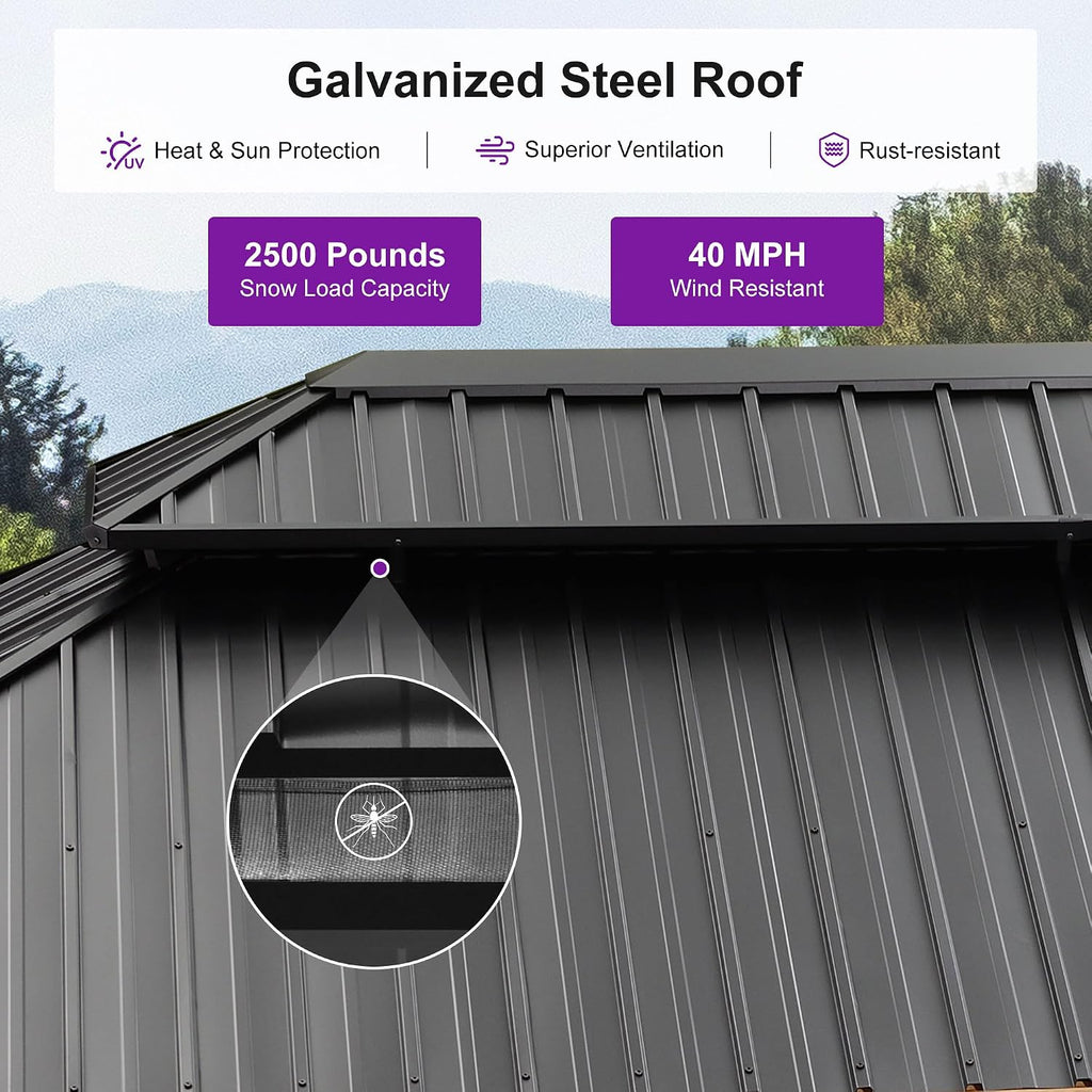PURPLE LEAF 12' X 20' Outdoor Hardtop Gazebo for Patio Galvanized Steel Double Roof Permanent Canopy Teak Finish Coated Aluminum Frame Pavilion Gazebo with Netting and Khaki Curtains