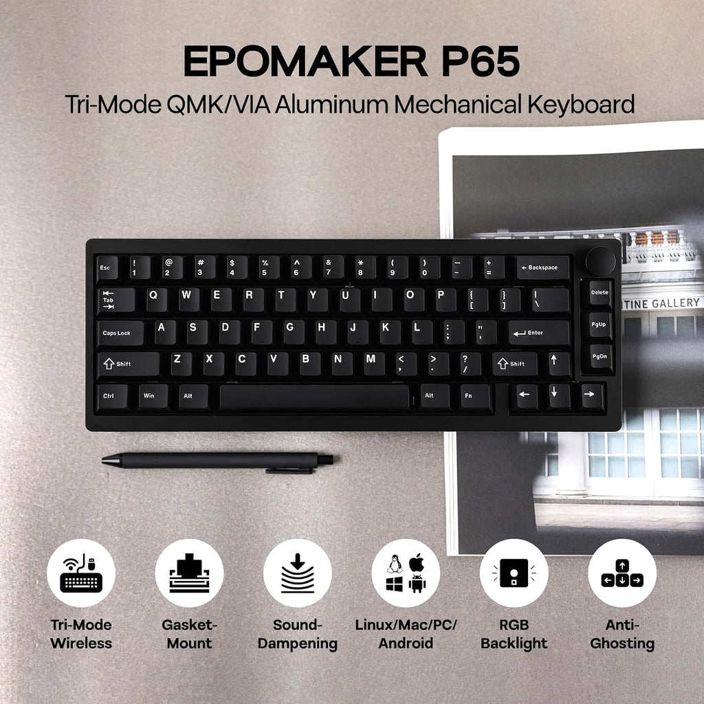 EPOMAKER P65 QMK/VIA Wireless Aluminum Gaming Keyboard, Gasket-Mount, BT/2.4Ghz/USB(A to C), Hot Swappable, N-Key Rollover, for Mac/PC/PS/Xbox (Black, Wisteria Linear Switch)