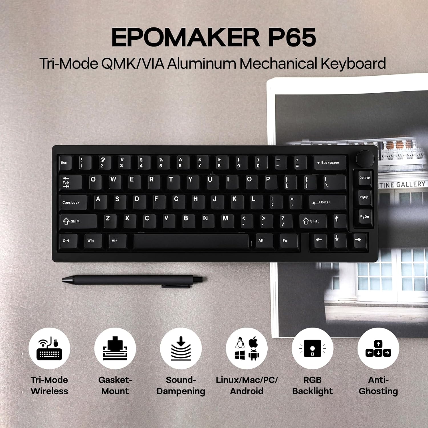 EPOMAKER P65 QMK/VIA Wireless Aluminum Gaming Keyboard, Gasket-Mount, BT/2.4Ghz/USB(A to C), Hot Swappable, N-Key Rollover, for Mac/PC/PS/Xbox (Black, Wisteria Linear Switch)