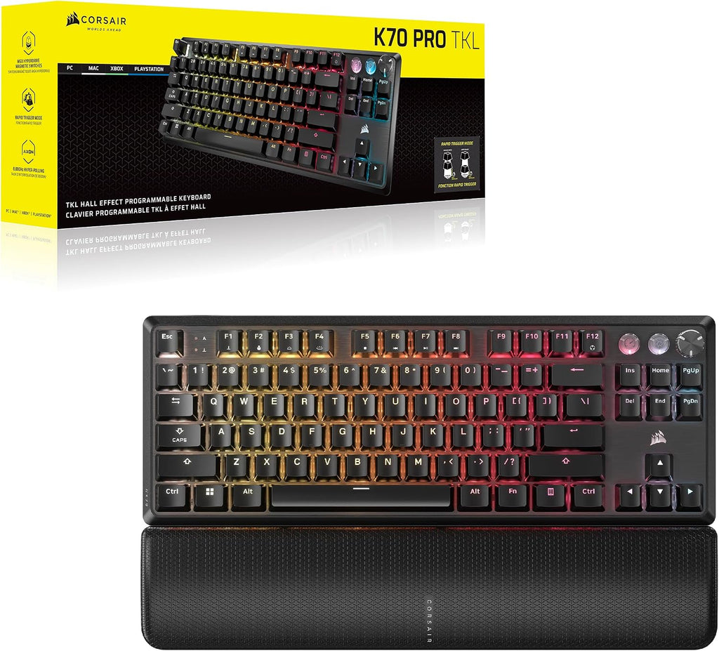 Corsair K70 PRO TKL RGB Tenkeyless Mechanical Wired Gaming Keyboard – Pre-Lubed Hall Effect MGX Hyperdrive Adjustable Switches, Simultaneous SOCD and Rapid Trigger, ABS Double-Shot, QWERTY NA – Black