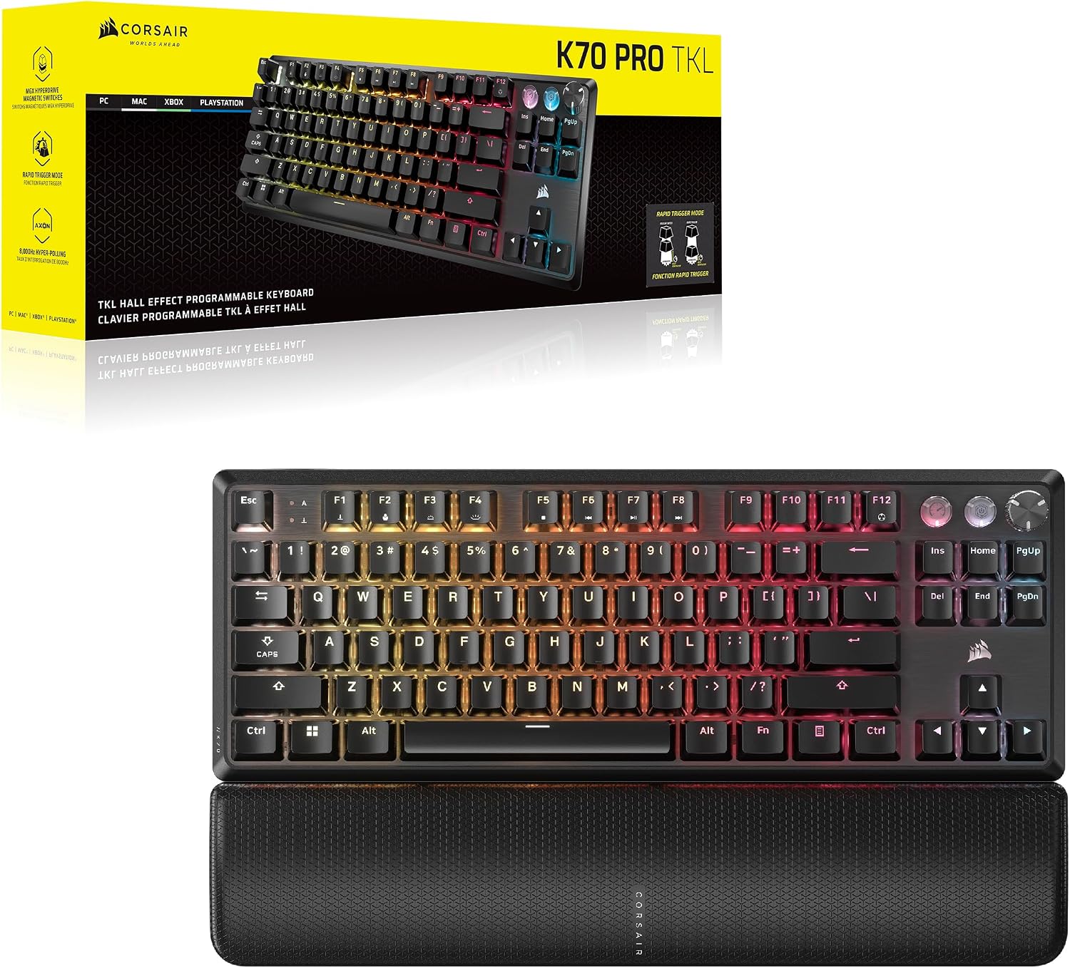 Corsair K70 PRO TKL RGB Tenkeyless Mechanical Wired Gaming Keyboard – Pre-Lubed Hall Effect MGX Hyperdrive Adjustable Switches, Simultaneous SOCD and Rapid Trigger, ABS Double-Shot, QWERTY NA – Black