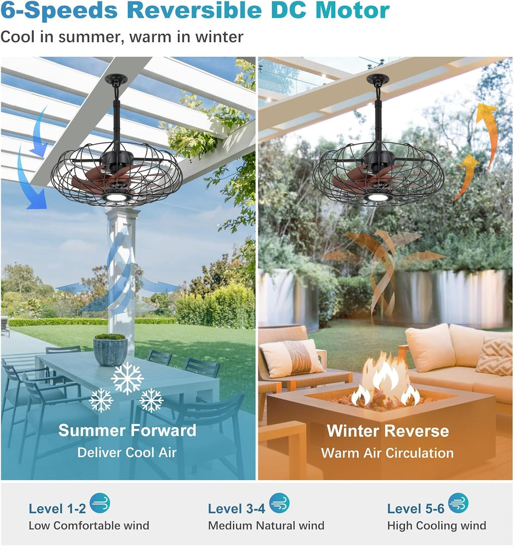 20'' Outdoor Gazebo Fan with Lights, IP64 Waterproof Caged Ceiling Fan with Remote and Hanging Hook, 3CCT Dimmable 6-Speed Reversible Motor, Outside Plug in Ceiling Fans for Patio Porch Canopy, Black