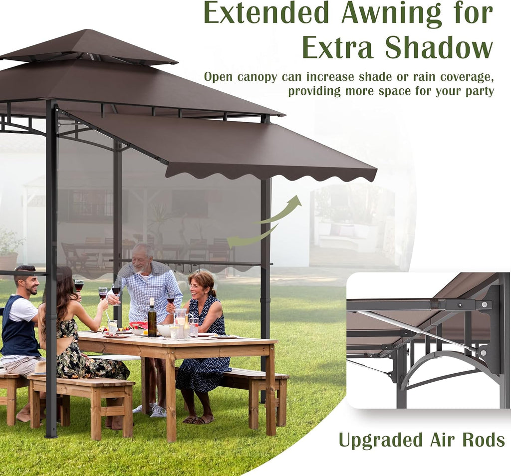 8'X 8' Grill Gazebo with Extra Side Awning, Double Tiered BBQ Gazebos Heavy-Duty Steel Frame Awning with 2 Side Shelves 6 Hooks, Outdoor Pergolas Awnings Tent for Patio Deck Backyard BBQ Party