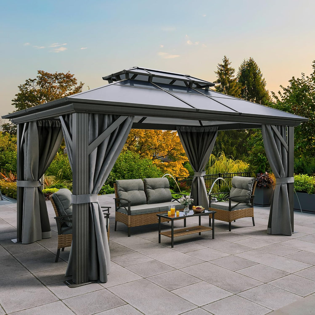 YITAHOME 10x12FT Hard-Top Gazebo Double Roof Canopy Outdoor with Netting and Shaded Curtains, Aluminum Frame Polycarbonate Hardtop Garden Tent for Patio, Backyard, Deck and Lawns, Gray