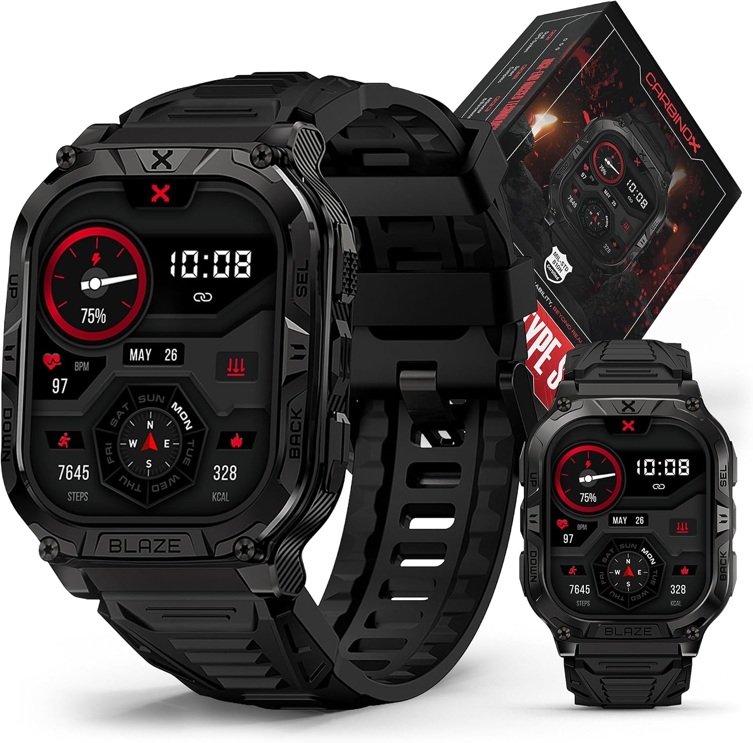CARBINOX Blaze Smart Watch with GPS – Rugged Fitness Trackers, IP69K Waterproof, 170+ Sports Modes, Gorilla Glass, Make/Receive Calls, Android & iOS Compatible