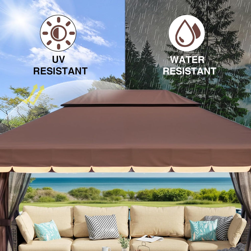 10'x13' Outdoor Patio Gazebo,Heavy Duty Party Tent & Shelter with Double Roofs, Mosquito Nettings and Curtains for Backyard, Patio, Deck, Parties, Garden, Lawn (Brown)