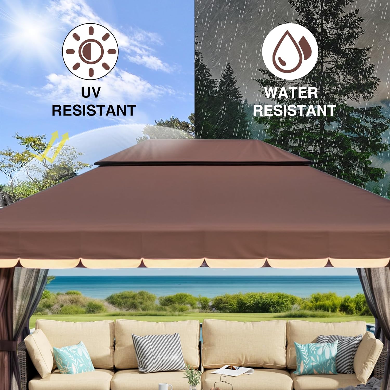 10'x13' Outdoor Patio Gazebo,Heavy Duty Party Tent & Shelter with Double Roofs, Mosquito Nettings and Curtains for Backyard, Patio, Deck, Parties, Garden, Lawn (Brown)