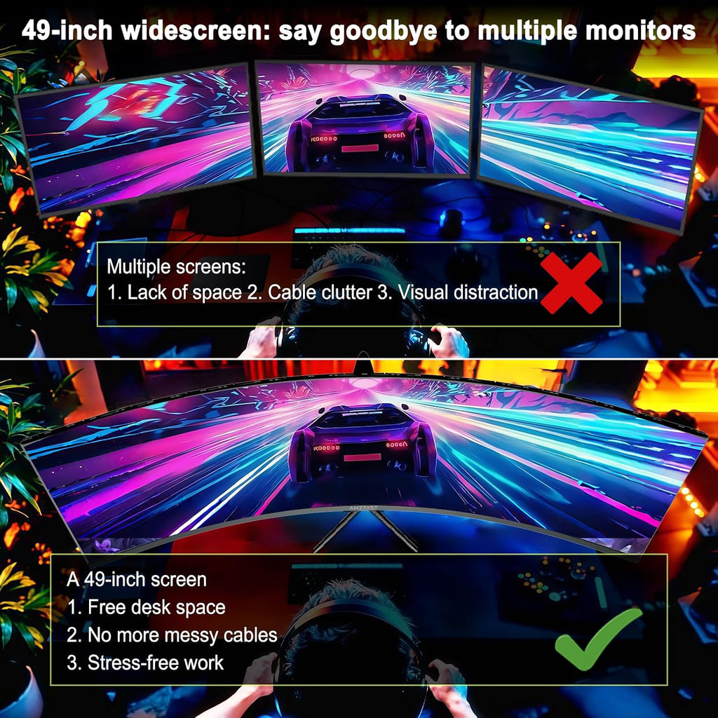 Amzfast 49 Inch Curved Monitor 120Hz DQHD (5120x1440) Ultrawide Gaming Monitor, 120% sRGB, 1500R, 1ms MPRT, HDR, Adaptive Sync, PIP/PBP, Height Adjustable, HDMI 2.0/DP 1.4, VESA 75x75, AMZG49C7U