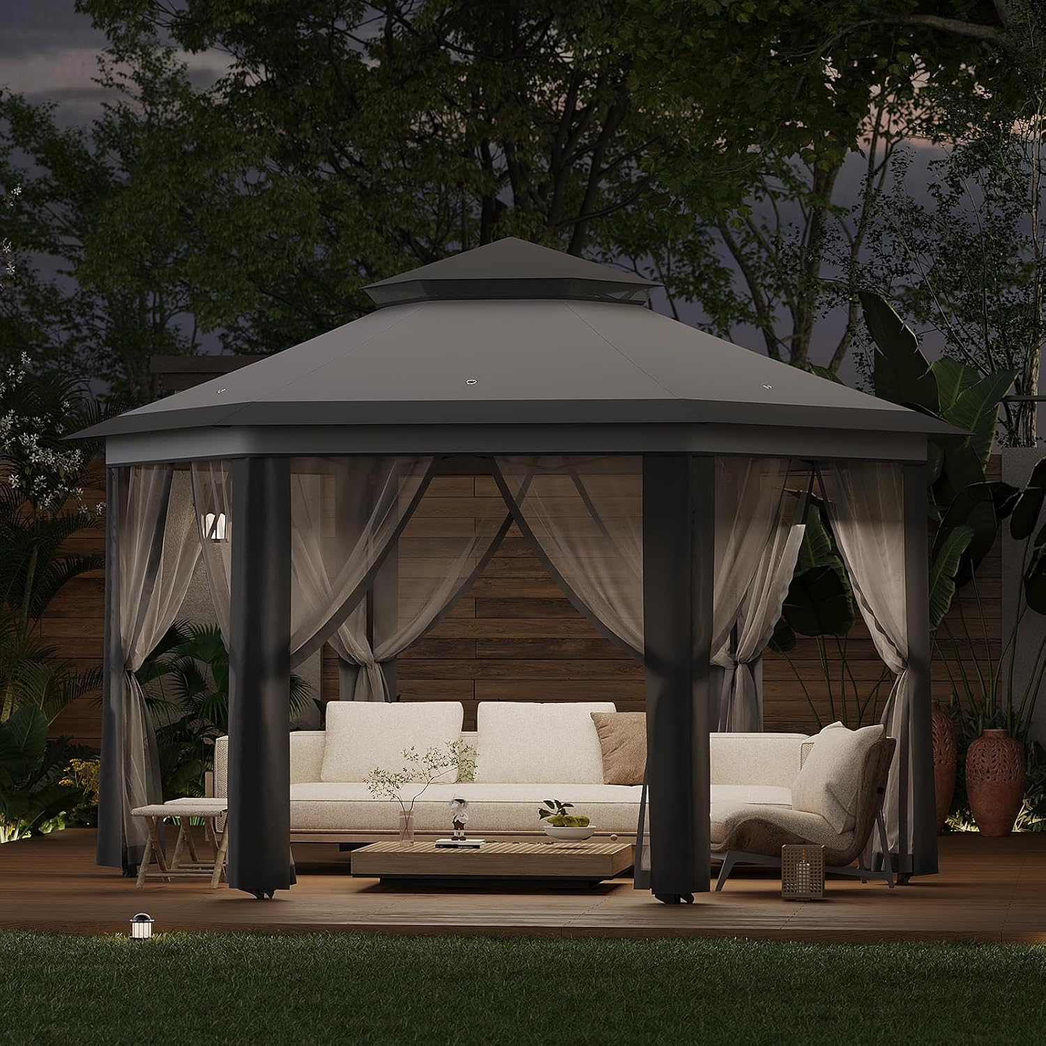 Pop-Up Gazebo 13 * 13 ft 6 Sided, Canopy Tent with Mesh Windows & Portable Carry Bag, Adjustable Tent Outdoor Pergola for Backyard & Patio Furniture (Light Grey)