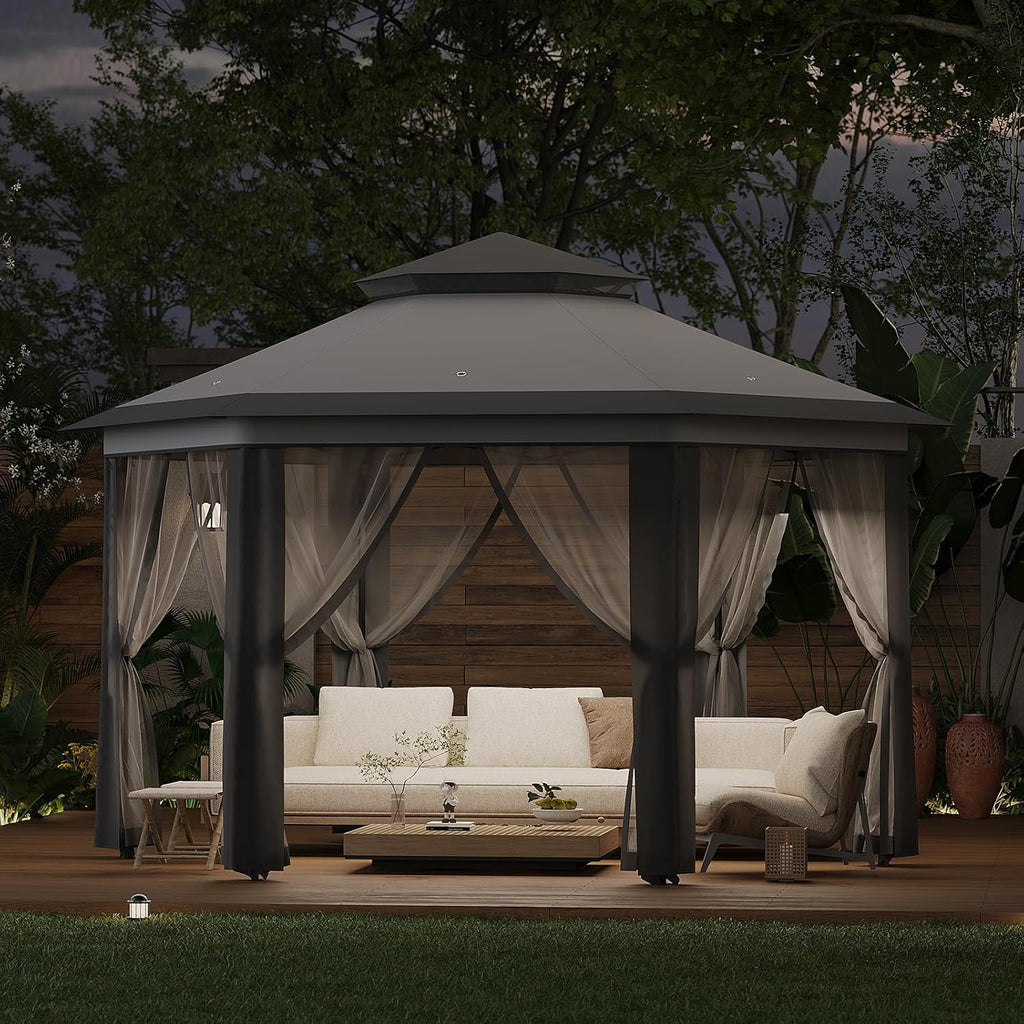 13x13ft Canopy Tent Instant Hexagonal One Push Setup Tent Outdoor Gazebo with Mosquito Netting, Strong Steel Frame for Patio, Backyard, Garden, Parties, Pool-Gray