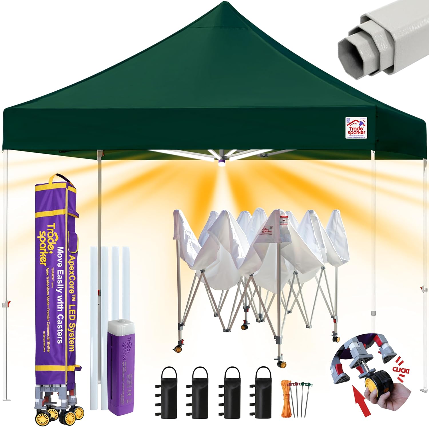 Tradesparker 10x10 Pop Up Canopy Tent,Commercial Movable Canopy with ApexCore LED&Rugged Casters-Instant Easy Setup Shelter Canopies with Weight Bags&Stakes for Outdoor Events Markets,Forest Green