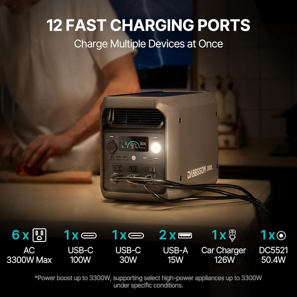 DABBSSON 2048Wh Solar Generator with 210W Solar Panel, Semi-Solid LiFePO4 Battery w/6 2200W AC Output, Compact&Lightweight, Recharge 80% in 1.5 Hr, 2000L Portable Power Station for Camping/Home/RV