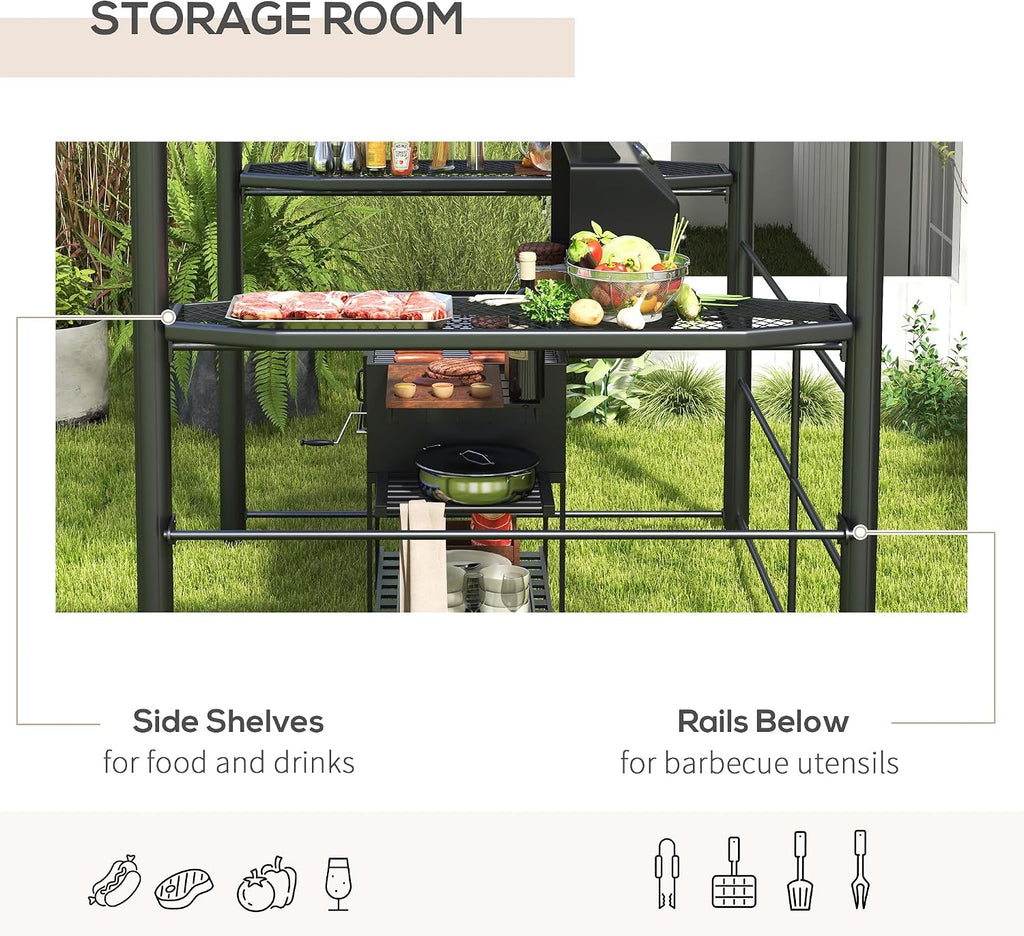 Outsunny 8' x 5' Grill Gazebo Shelter with Interlaced Vented Polycarbonate Roof, Outdoor BBQ Canopy with Side Shelves, Steel Frame for Garden, Patio, Backyard, Dark Gray