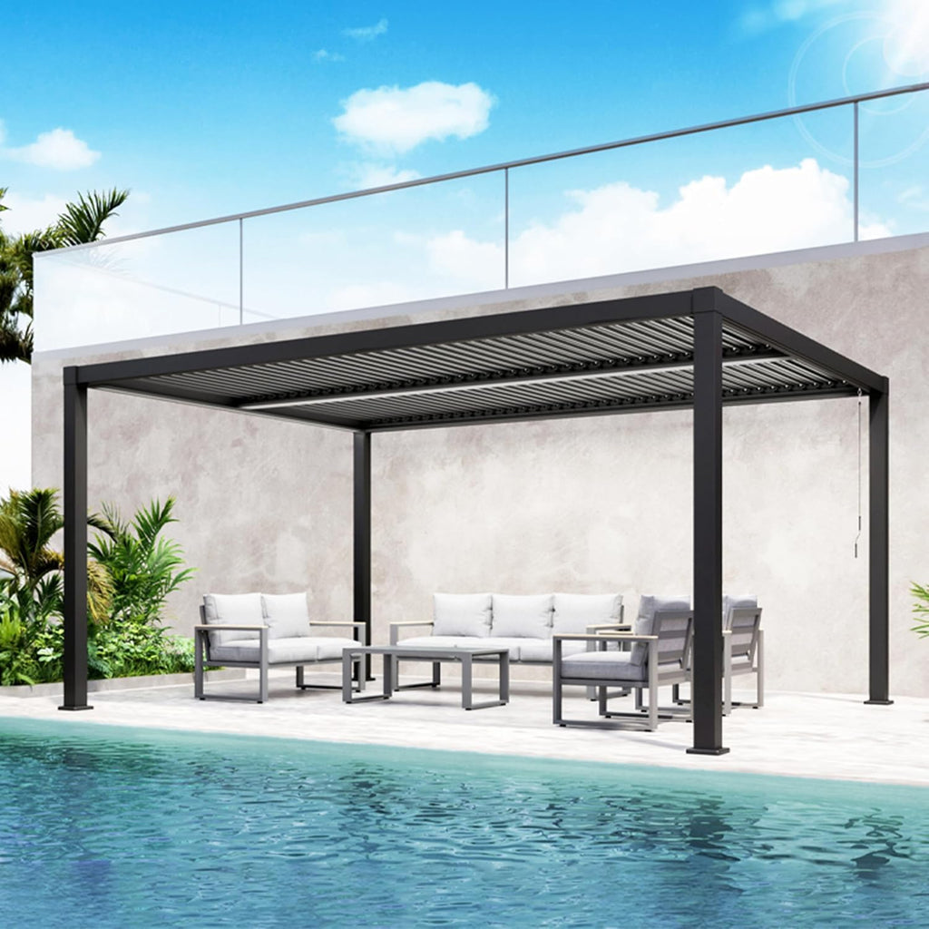 Louvered Pergola 12'x16', Metal Patio Outdoor Pergola with Adjustable Rainproof Roof for Outdoor Deck Garden & Yard, Metal Hardtop Gazebo for Grill, Black