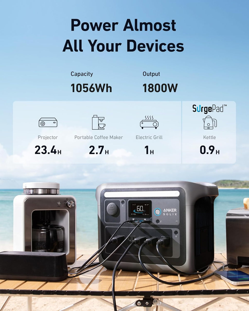 Anker SOLIX C1000 Portable Power Station with 100W Solar Panel, 1800W Solar Generator, 1056wh LFP (LiFePO4) Battery, 6 AC Outlets, Up to 2400W for Home, Power Outages, and Outdoor Camping