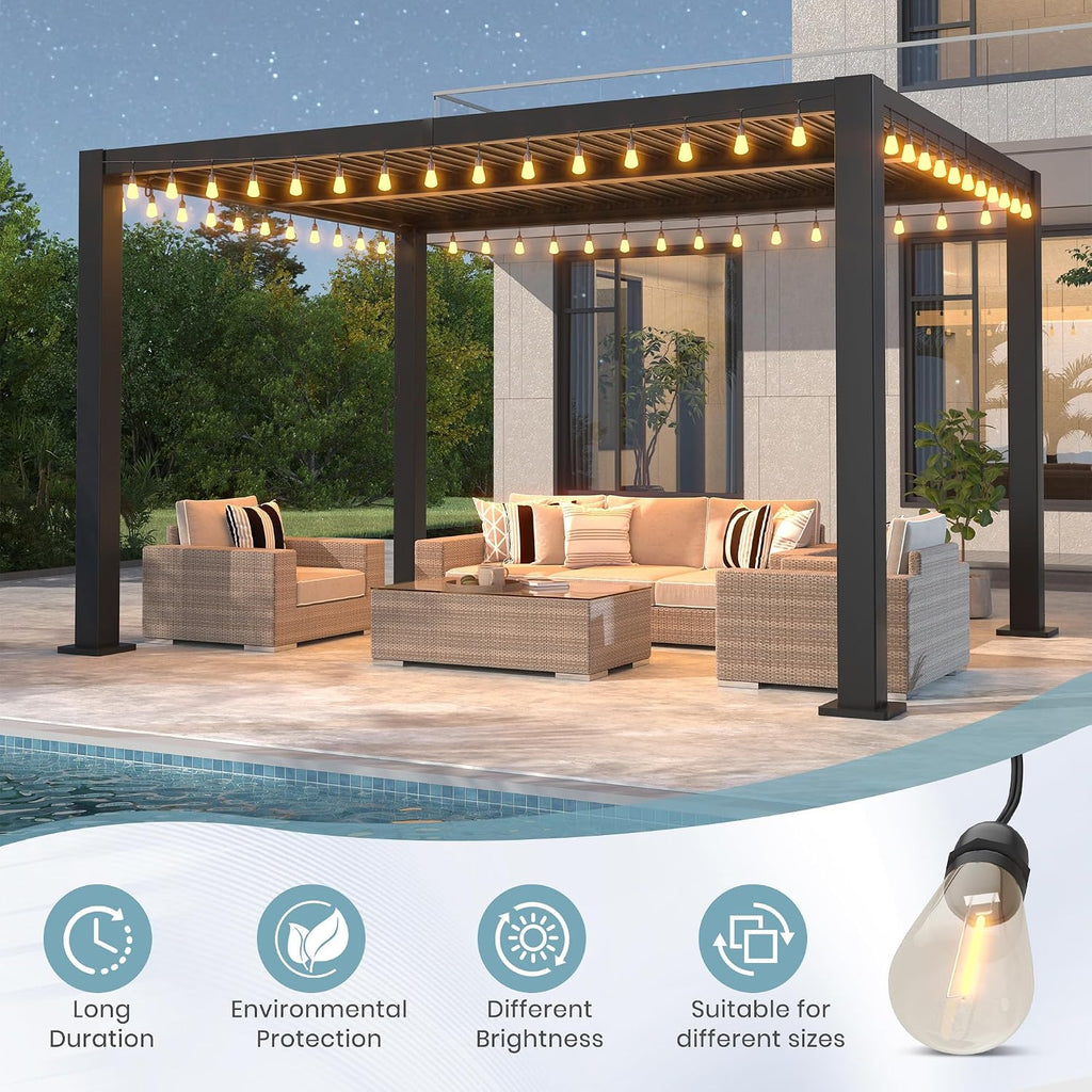 10'13' Outdoor Louvered Pergola with Clear String Lights, Aluminum Pergola Patio with Adjustable Roof for Outdoor Deck, Backyard, Garden (10x13FT with Light)