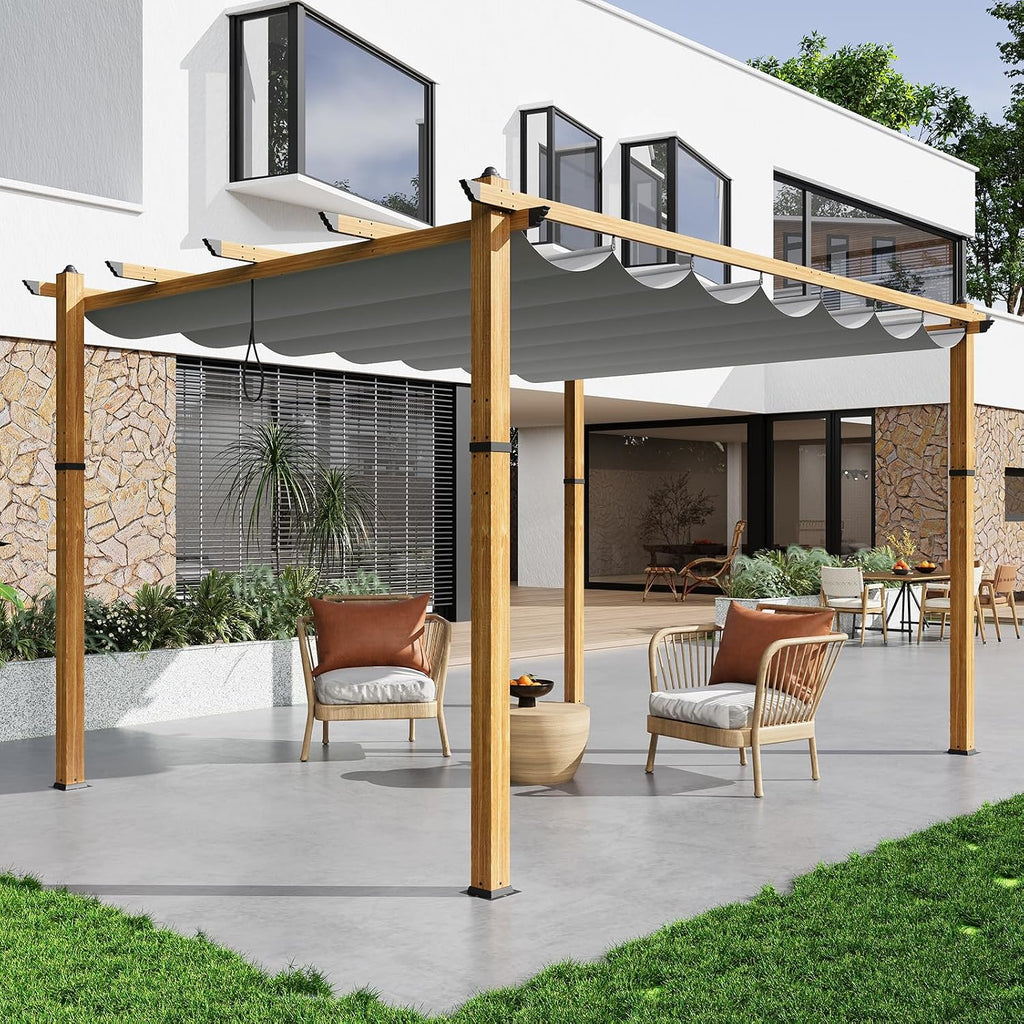 10' X 13' Retractable Pergola Canopy with Natural Wood Like Frame for Backyards, Gardens, Patios, Outdoor Pergola with Sun Shade Canopy,Gray