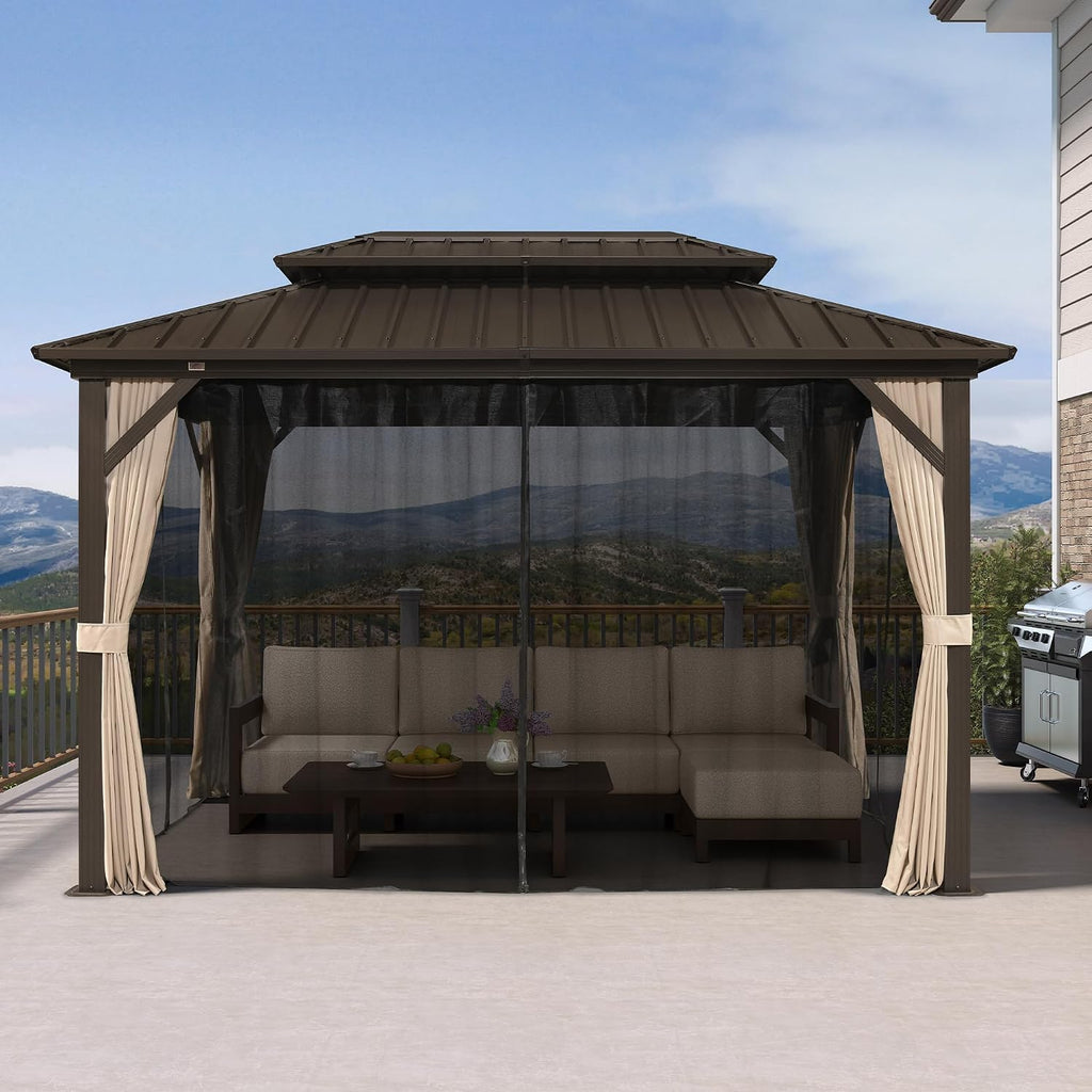 PURPLE LEAF 8' X 14' Outdoor Hardtop Gazebo Metal Frame Galvanized Steel Double Roof with Curtains and Nettings for Patio Desk Backyard Bronze