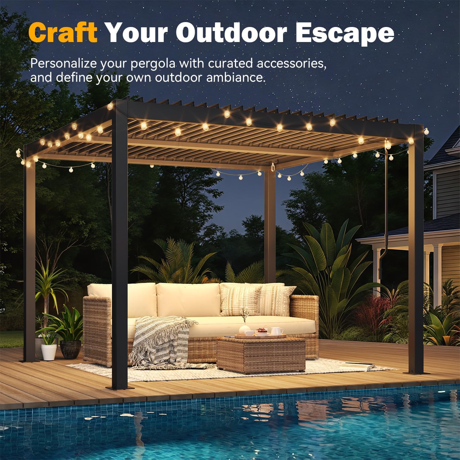 Louvered Pergola 10x10ft, Metal Hardtop Pergola with Adjustable Roof for Sun & Rain Shade, Outdoor Gazebo with Integrated Drainage System, Modern Rustproof Patio Canopy Carport