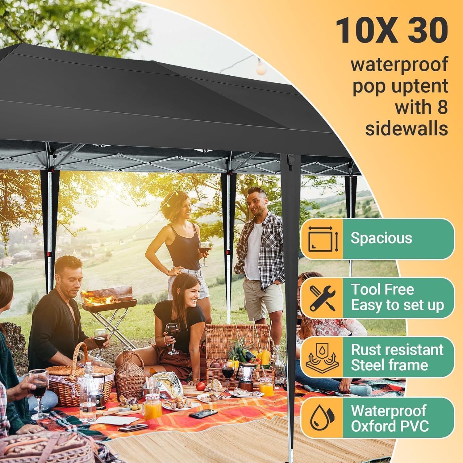 COBIZI 10x30 Pop Up Canopy Tent with 8 Sidewalls Party Tents for Parties Weddings Backyard Waterproof Commercial Instant Outdoor Events Tent with Stakes, Ropes,Sandbags（10 x 30 ft Black