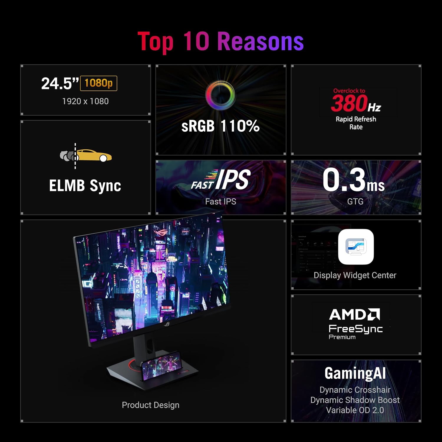 ASUS ROG Strix 25' (24.5' viewable) Esports Gaming Monitor (XG259QNS) - Full HD, 380Hz, 0.3ms, Fast IPS, Extreme Low Motion Blur Sync, FreeSync Premium, DisplayWidget, Ergonomic, 3 yr Warranty