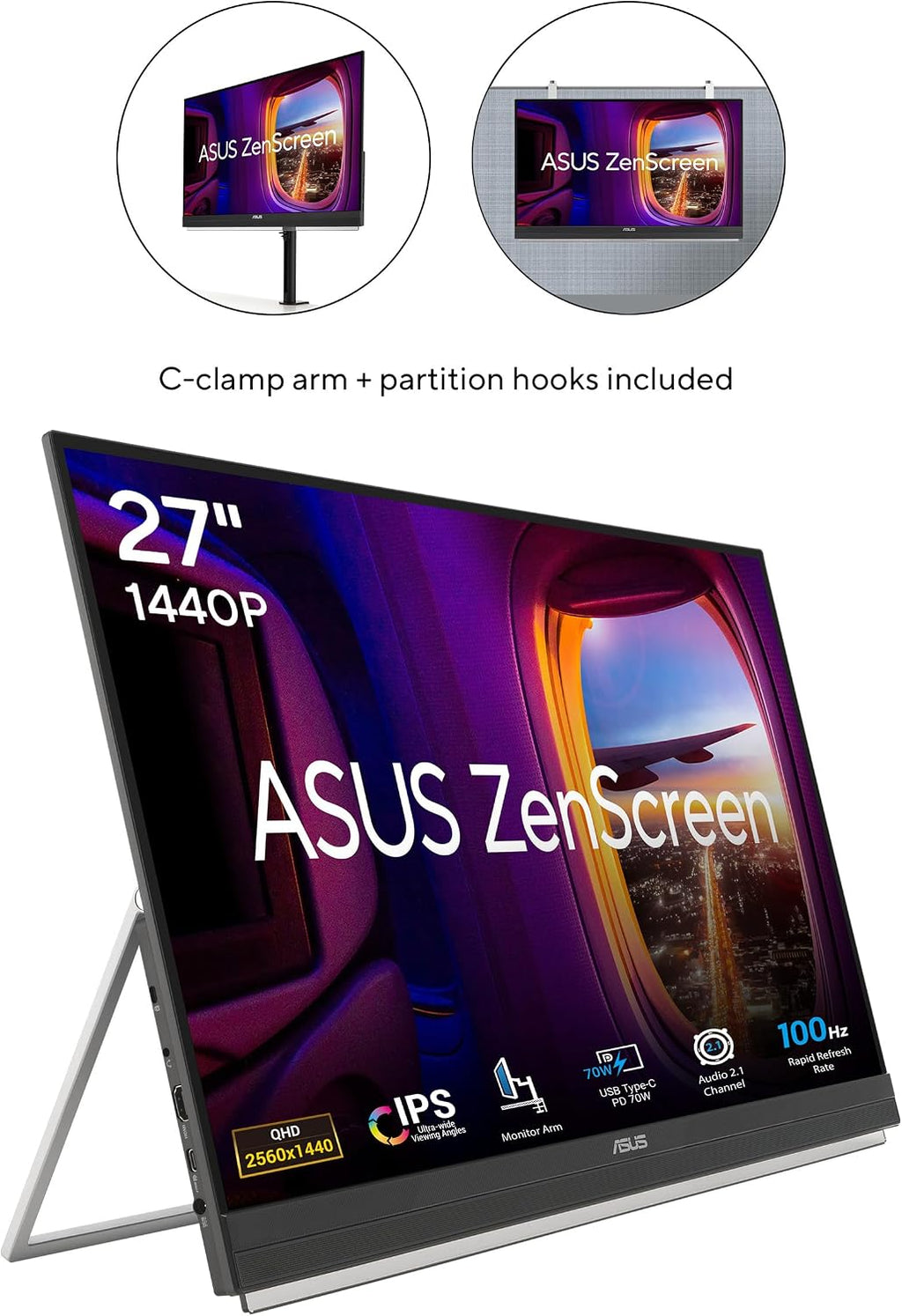ASUS ZenScreen 27' 1440P Transportable Monitor (MB27ACF) - QHD (2560 x 1440), IPS, 100Hz, USB-C PD 70W, Speakers, Carrying Handle, Kickstand, C-clamp, Sub-woofer, 2.1 Channel Audio, 3 yr Warranty