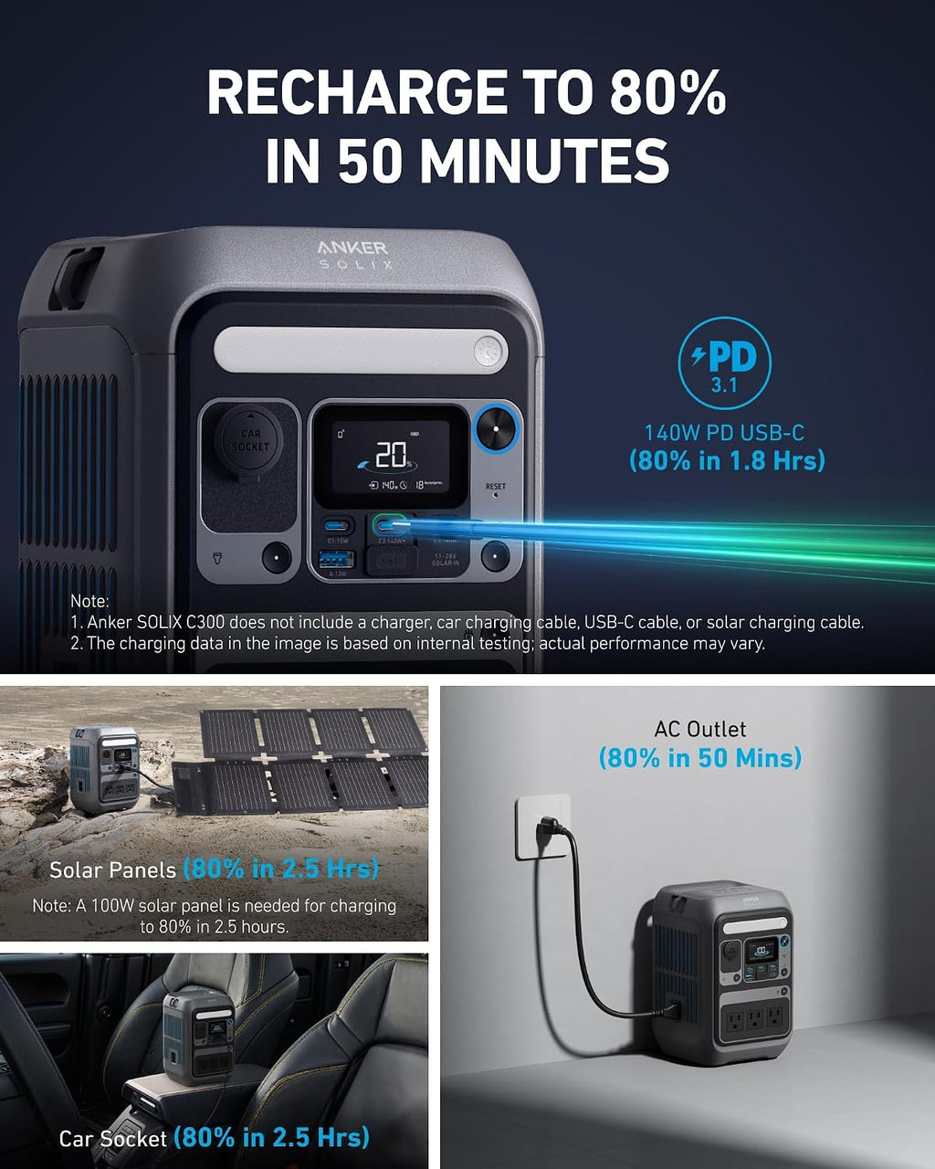 Anker Solar Generator SOLIX C300 with Protective Bag, 288Wh Portable Power Station, 300W (600W Surge), LiFePO4 Battery, 140W Two-Way Fast Charging, for Outdoor Camping, Traveling, and Emergencies