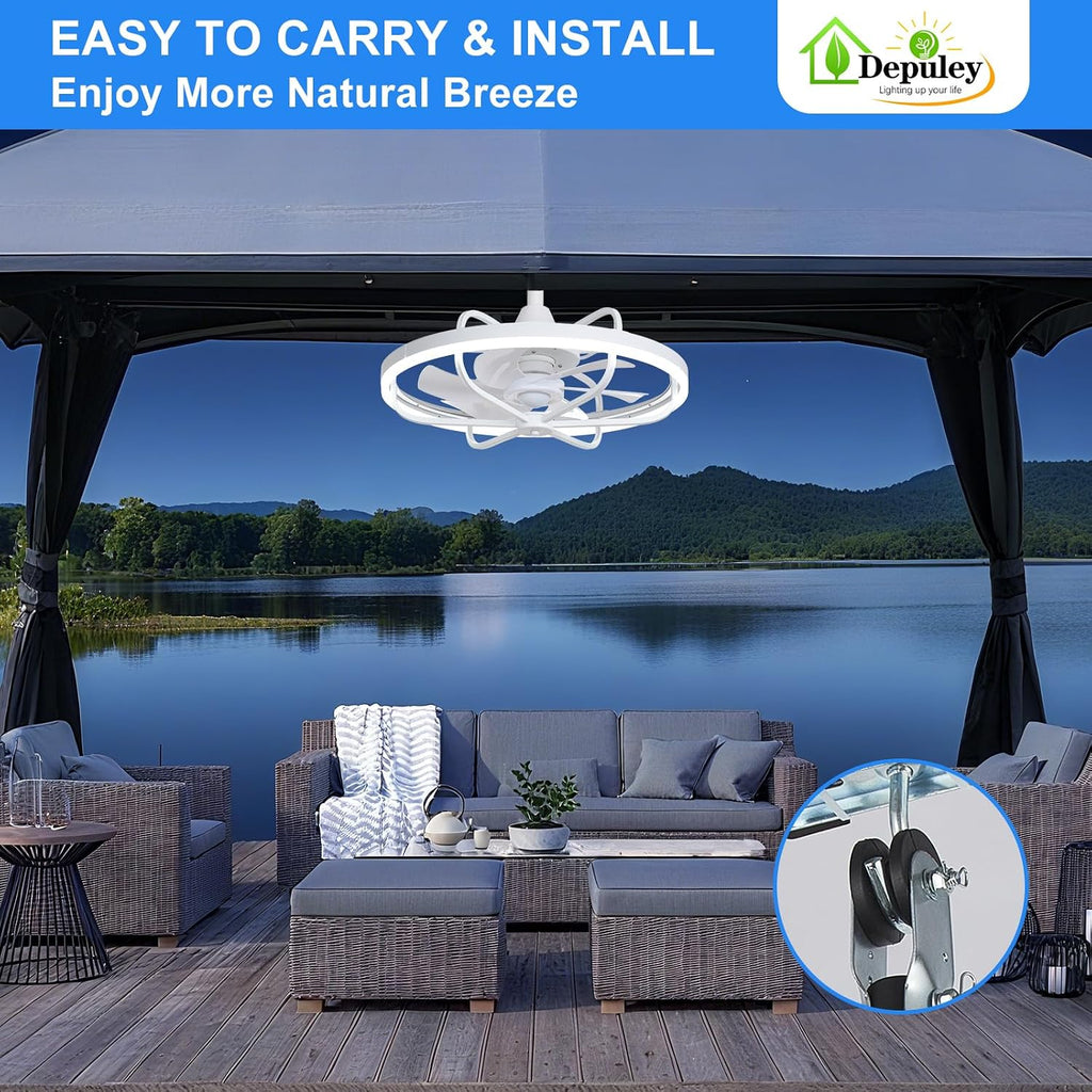 Depuley 20' Outdoor Ceiling Fan with Lights, White Waterproof Gazebo Hanging Fan with Remote App Control, Dimmable Plug in Caged outdoor Ceiling Fans for patios Porch 6-Speeds