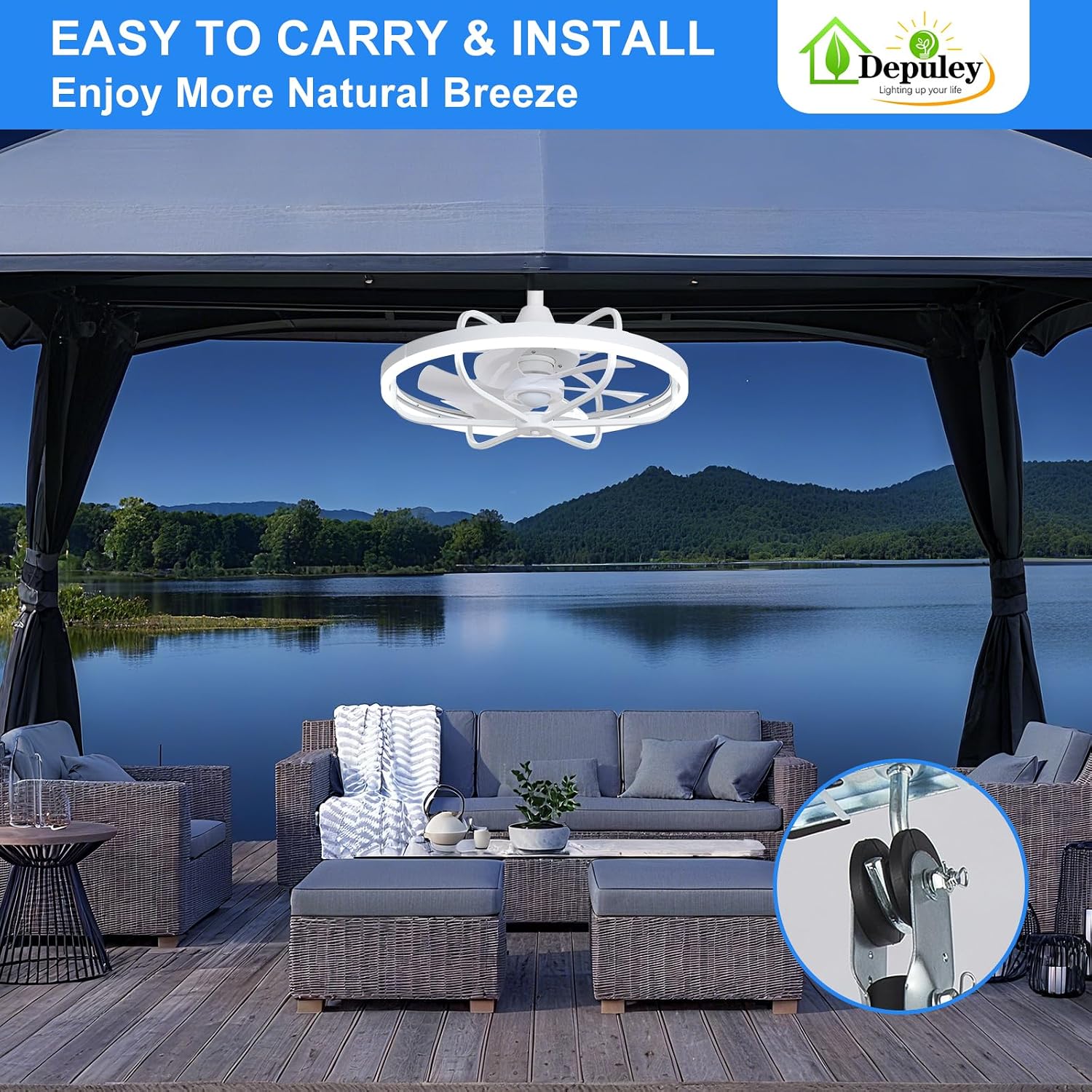Depuley 20' Outdoor Ceiling Fan with Lights, White Waterproof Gazebo Hanging Fan with Remote App Control, Dimmable Plug in Caged outdoor Ceiling Fans for patios Porch 6-Speeds