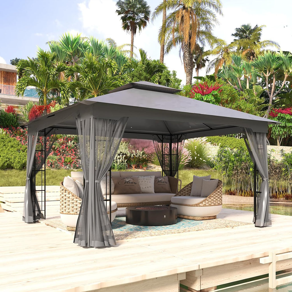 COOS BAY 10x12 Outdoor Patio Gazebo with Netting, Two Tier Water Resistant Canopy for Backyard, Gray