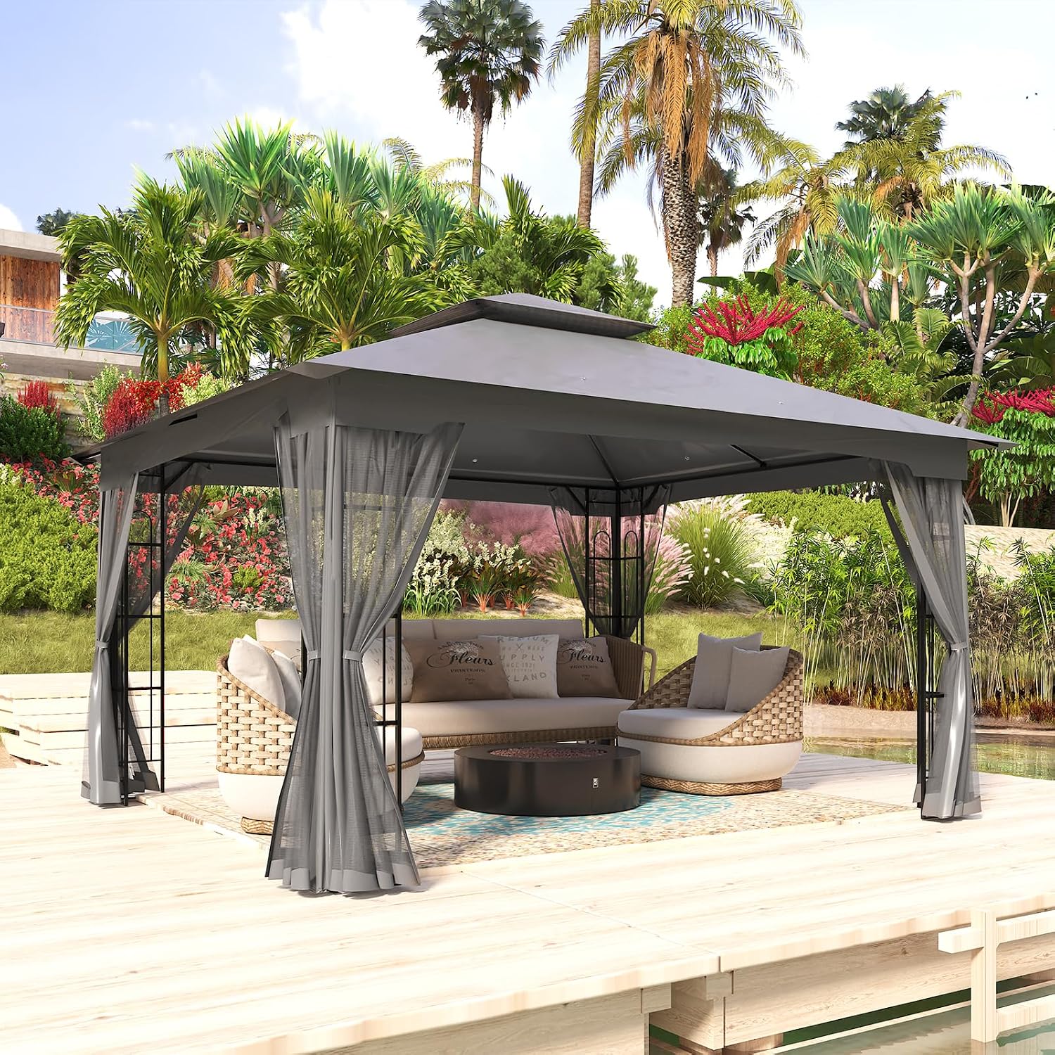COOS BAY 10x12 Outdoor Patio Gazebo with Netting, Two Tier Water Resistant Canopy for Backyard, Gray