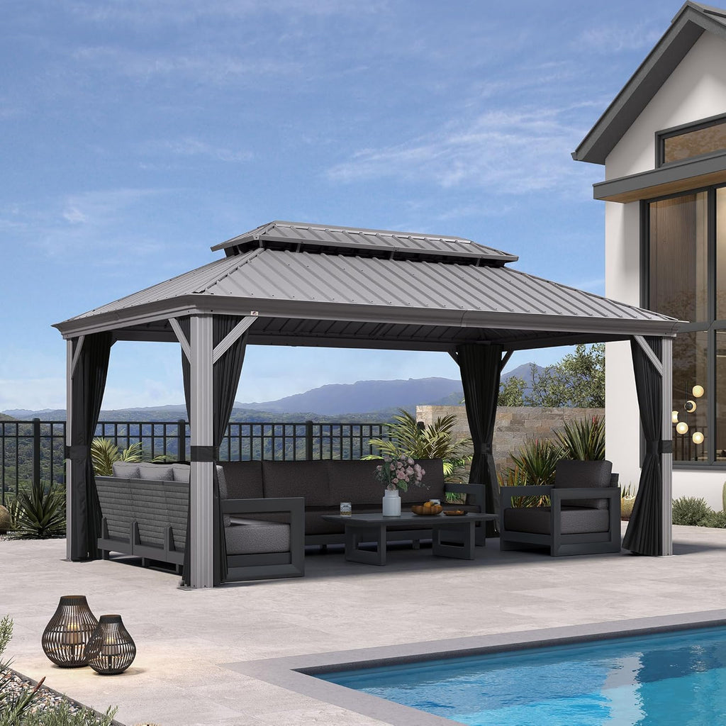 PURPLE LEAF 10' x 16' Hardtop Aluminum Gazebo with Double Metal Roof Heavy Duty Permanent Gazebo for Patio Deck Lawn Garden All Weather Outdoor Pavilion Gazebos, Light Grey