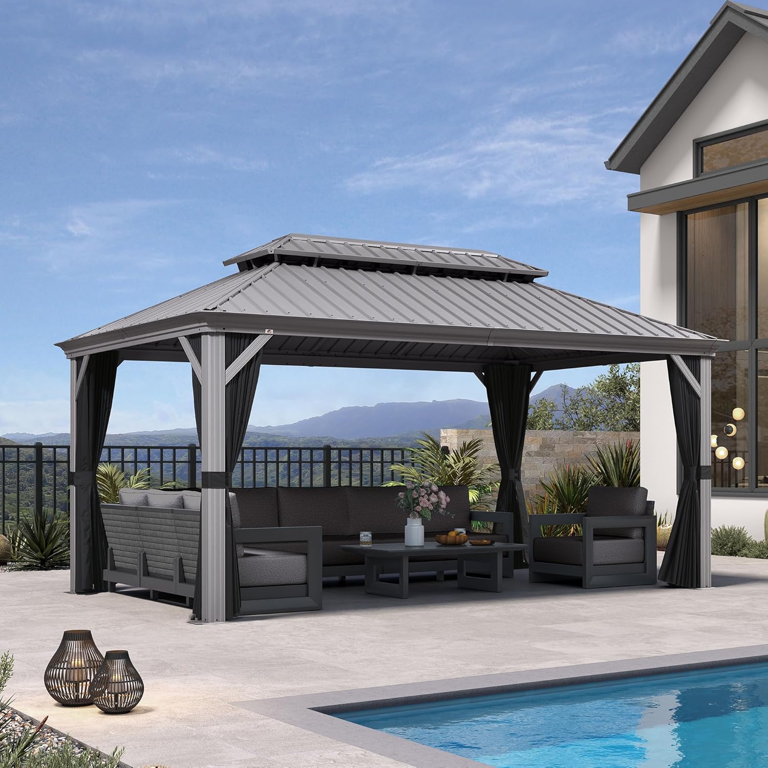 PURPLE LEAF 10' x 16' Hardtop Aluminum Gazebo with Double Metal Roof Heavy Duty Permanent Gazebo for Patio Deck Lawn Garden All Weather Outdoor Pavilion Gazebos, Light Grey