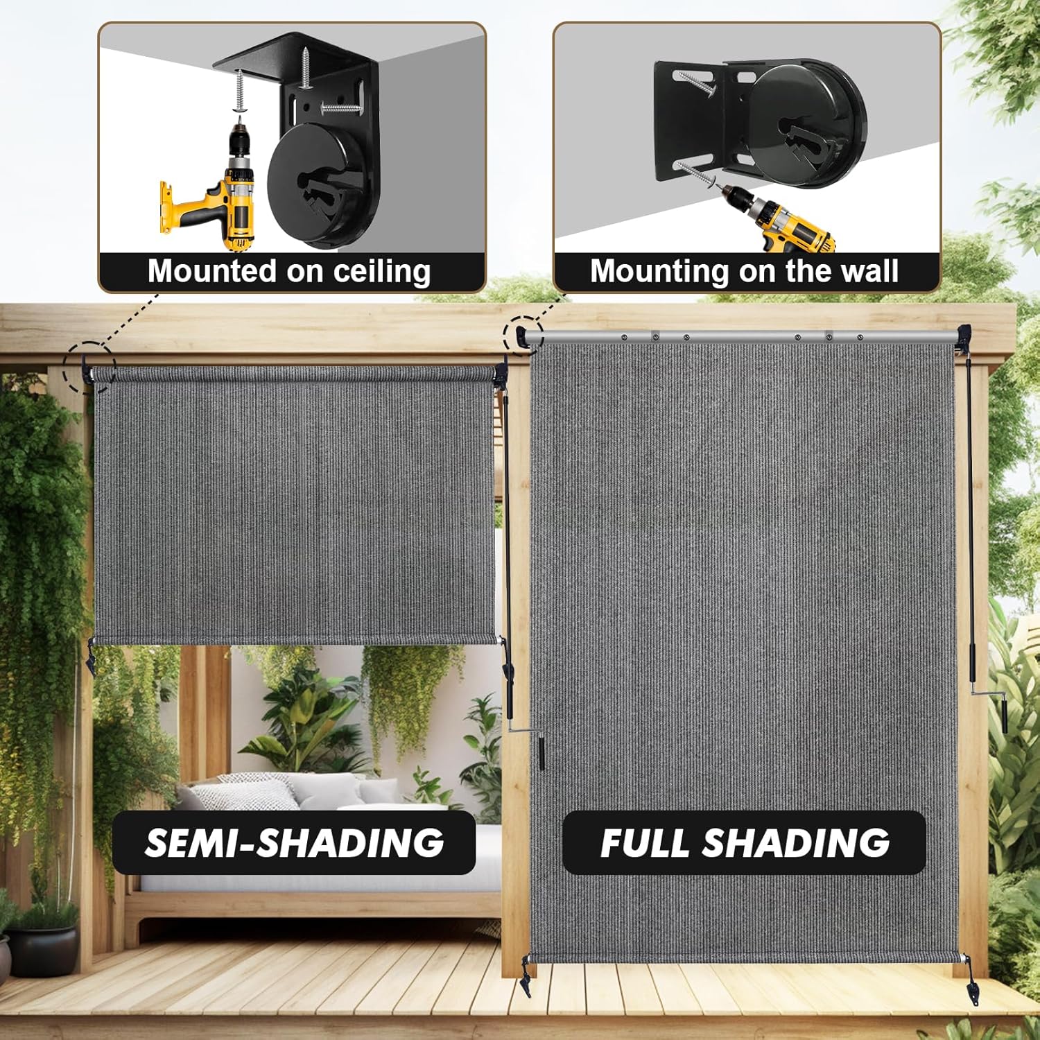 Artpuch Custom Size Outdoor Roller Shade 4' W x 8' H, Cordless Patio Shades Roll Up Outdoor Blinds with 5% Openness Solar Fabric Light Filtering for Porch, Gazebo, Pergola, Grey