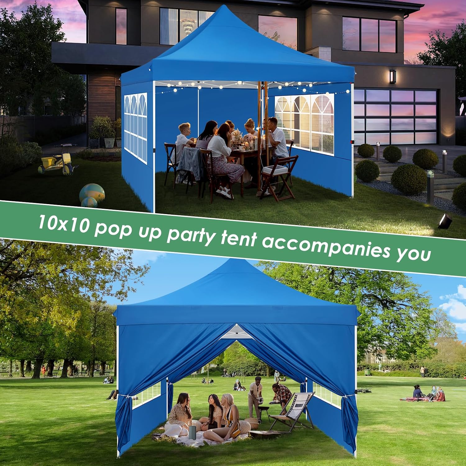 COBIZI Canopy 10x10 Pop Up Canopy Tent with Sidewalls, Commercial Party Tent Ez Waterproof Outdoor Instant Gazebo UV 50+ Event Shelter, Garden Tents for Parties Camping with Sandbags,Blue