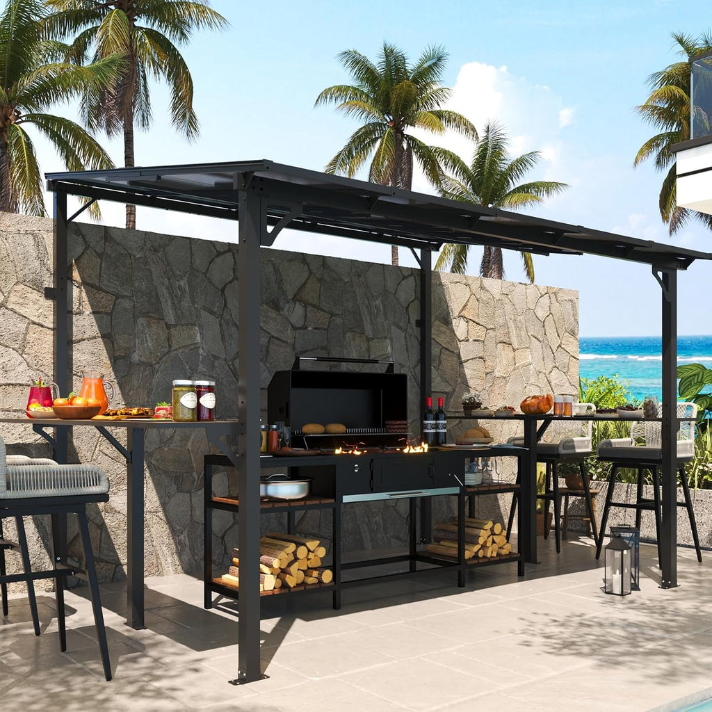 MEISSALIVVE 8' x 10' Wall Mounted Gazebo, Outdoor BBQ Grill Gazebo with Side Shelf, Lean to Metal Awnings with Sloped Roof, Heavy Duty Pergola for Backyard, Deck, Black