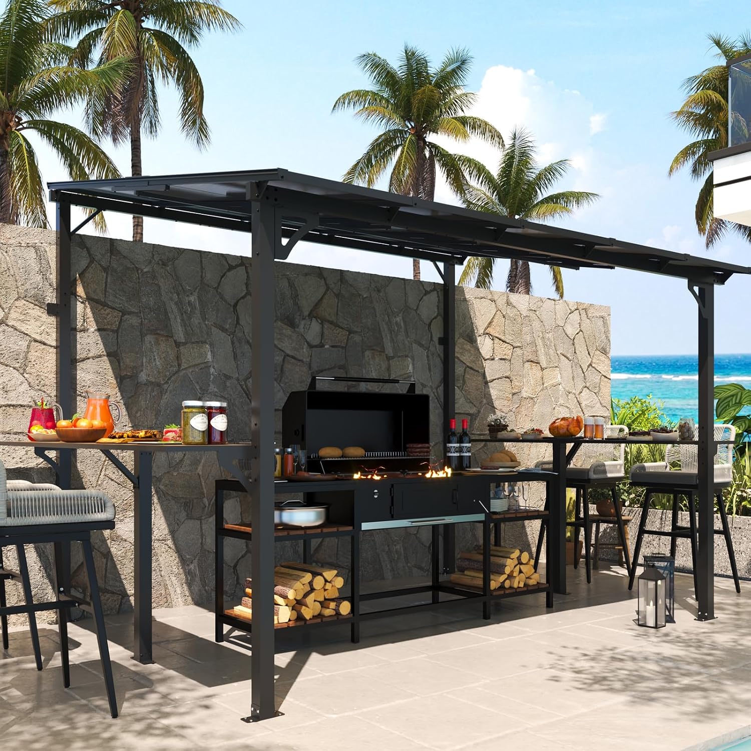 MEISSALIVVE 8' x 10' Wall Mounted Gazebo, Outdoor BBQ Grill Gazebo with Side Shelf, Lean to Metal Awnings with Sloped Roof, Heavy Duty Pergola for Backyard, Deck, Black