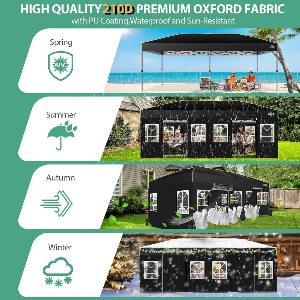 COBIZI 10x20 Pop Up Canopy Tent with 6 Sidewalls One Push Setup Outdoor Commercial Gazebo Waterproof UPF 50+ Party Tent with Carry Bag,Air Vent,Sandbag Tents for Parties,Wedding,Backyard,Black