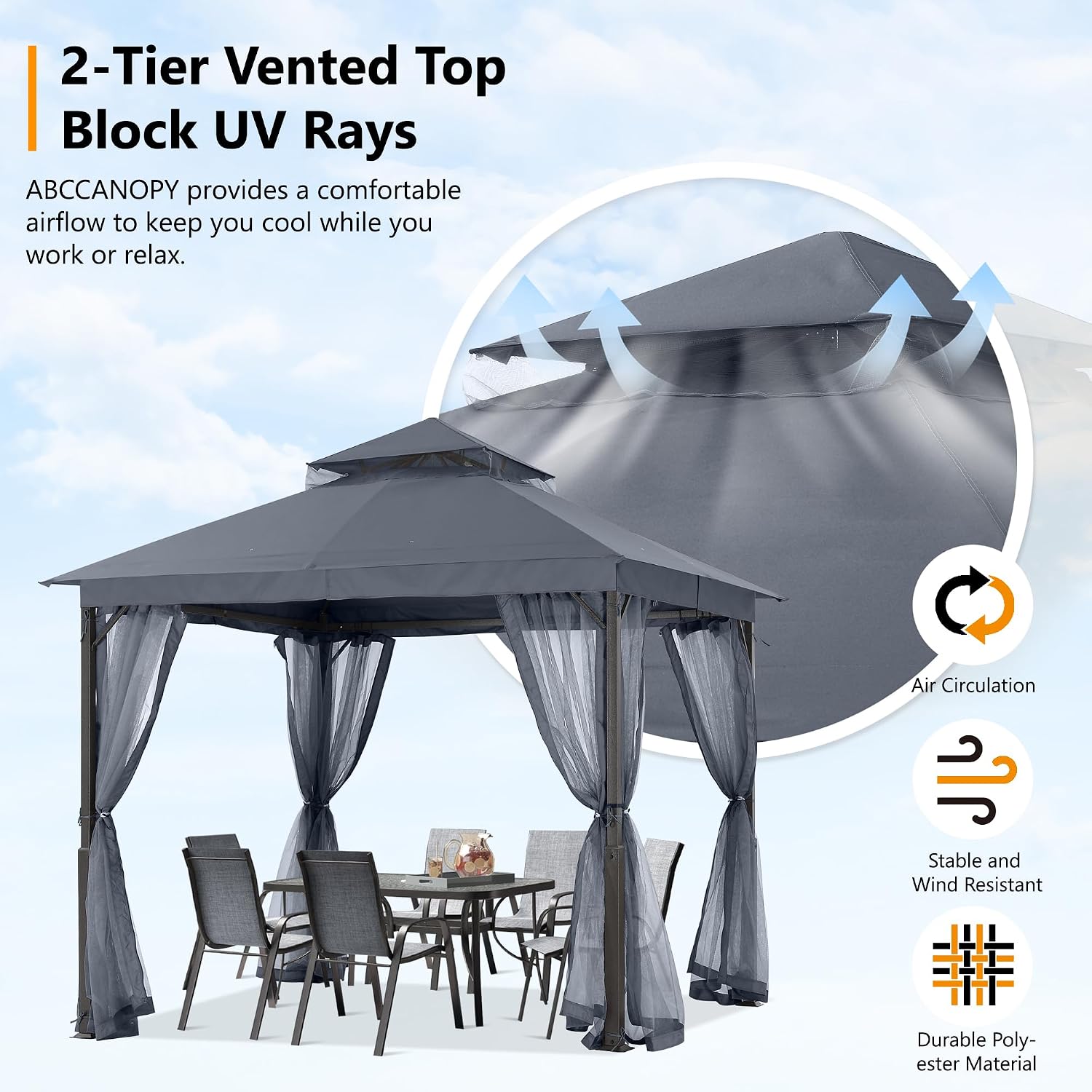 ABCCANOPY Outdoor Patio Gazebo 9x9 - Double Roof Canopy with Mosquito Netting for Backyard, Deck, Garden, Lawn, Dark Gray