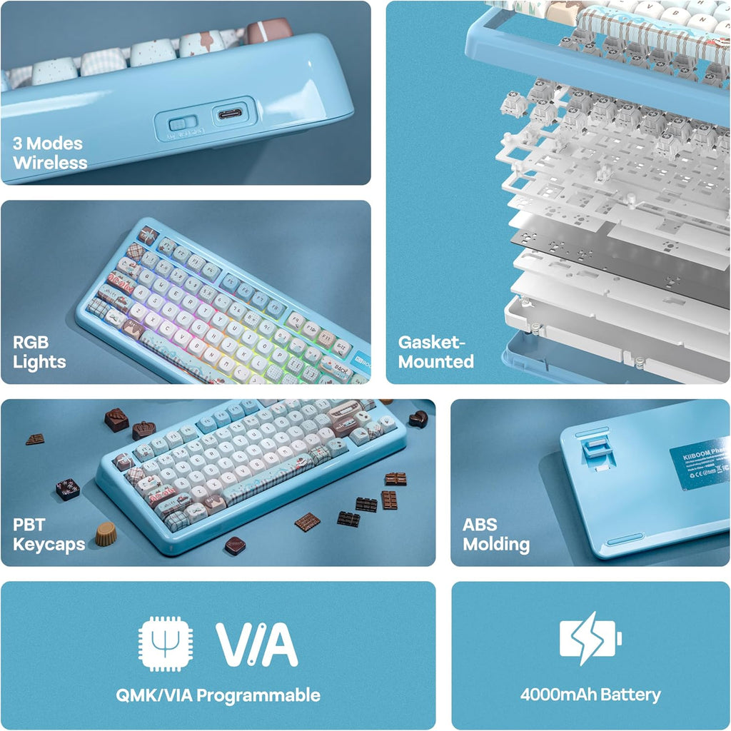 KiiBoom Phantom81 Lite 75% Gasket Mechanical Keyboard, QMK&VIA Programmable, 3 Modes Wireless Gaming Keyboard, RGB Backlights, ABS Case + UV Tech, Hot-Swappable for Windows/Mac/Linux (Blue)