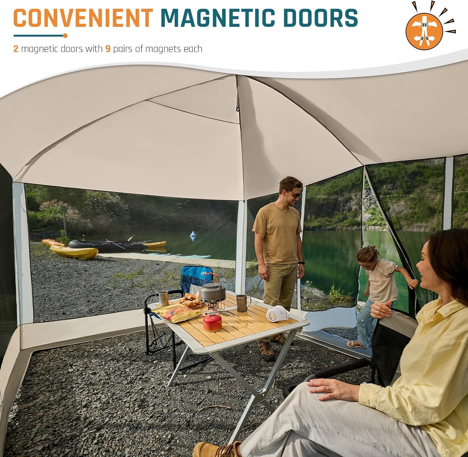 Magnetic Screen House Tent 13x9ft Screen Room Mesh Gazebos w/ 2 Magnetic Doors, Included Projection Screen, Camping Tent Screened Canopy Shelter for Outdoor Patios Backyards Activities (Beige)
