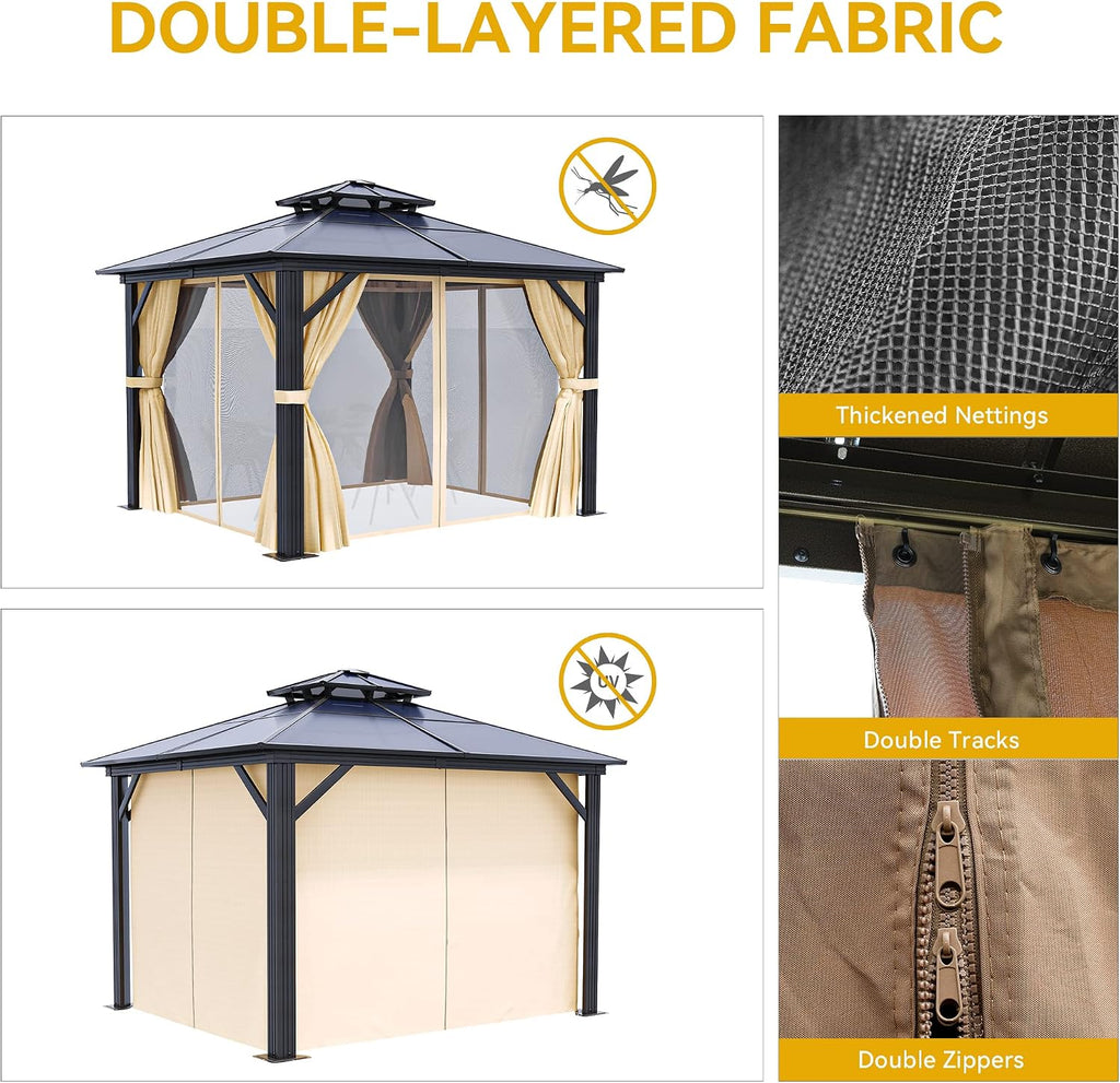 DWVO 10x10ft Hardtop Gazebo Double Roof Polycarbonate Canopy Outdoor with Netting and Shaded Curtains, Aluminum Frame Garden Tent for Patio, Backyard, Deck and Lawns