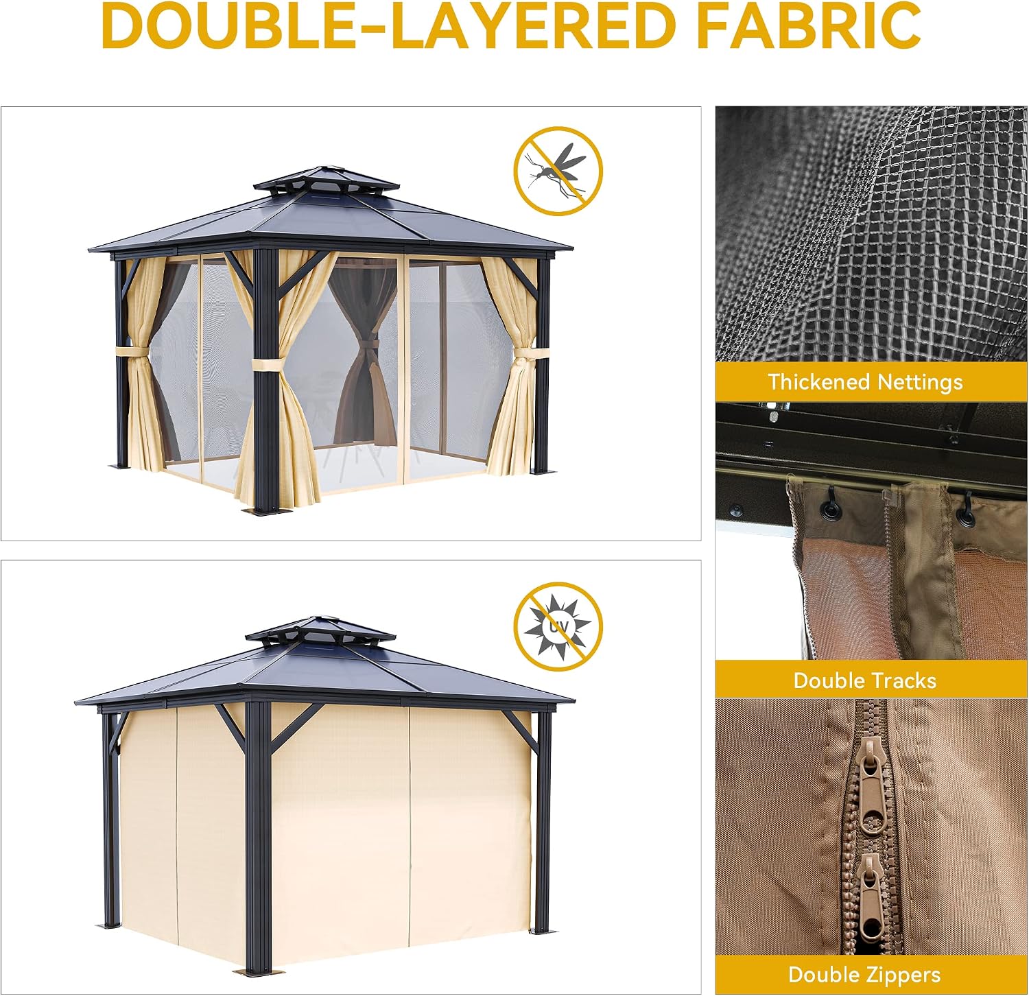DWVO 10x10ft Hardtop Gazebo Double Roof Polycarbonate Canopy Outdoor with Netting and Shaded Curtains, Aluminum Frame Garden Tent for Patio, Backyard, Deck and Lawns