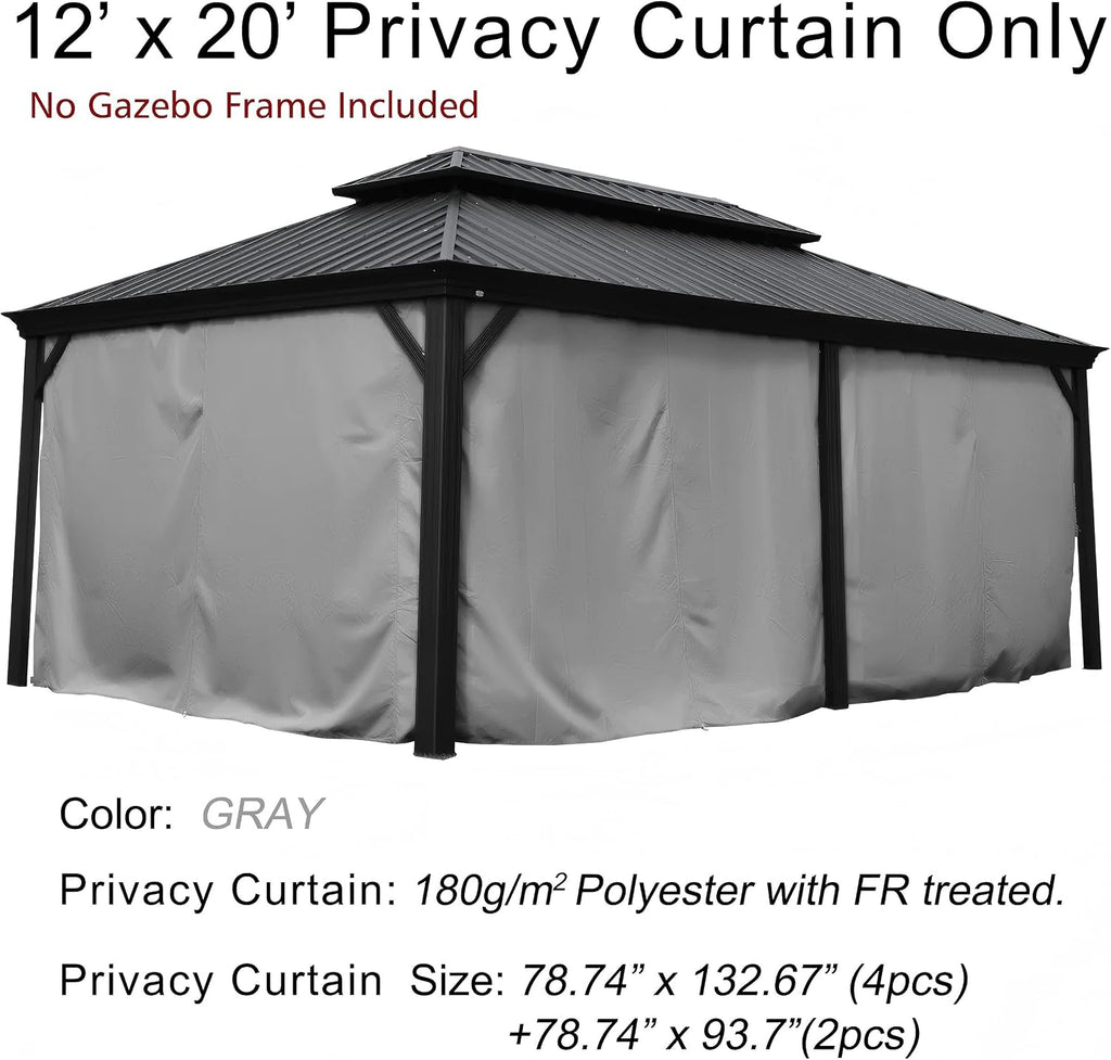 Kozyard 12' x 20'Outdoor Gazebo Privacy Curtain Sidewall, Waterproof Patio Privacy Curtain with Center-Zip Design, Replacement for Hardtop Gazebo Gray